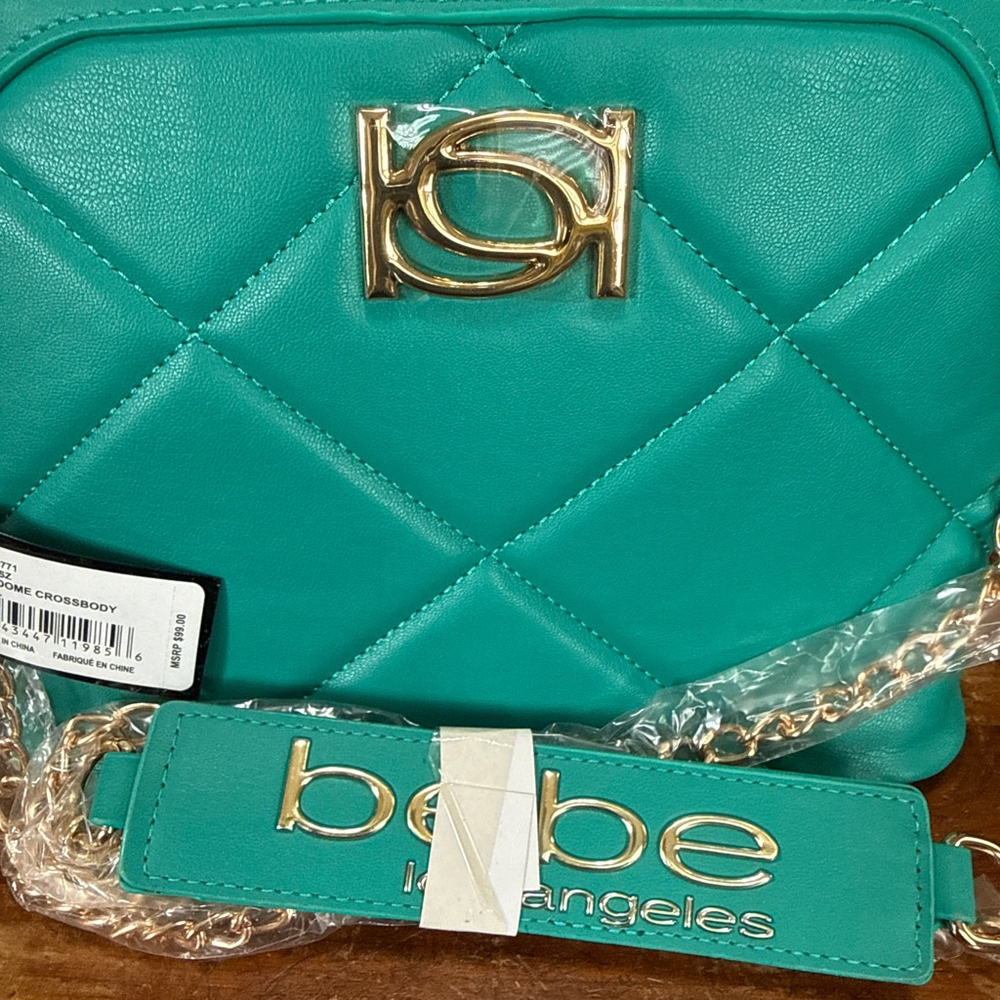 bebe Diamond Quilted Teal Crossbody Bag with Gold Hardware